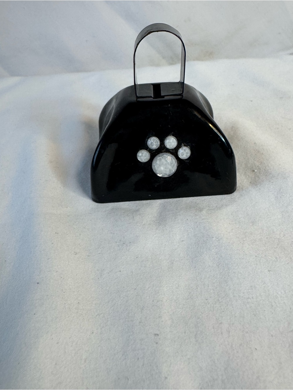 Black Metal Cow Bell w/ Handle, Paw Print Pattern, Glossy Decorative Finish